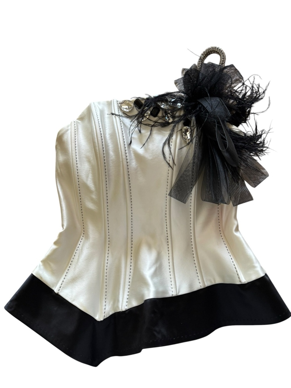 Tarik Ediz Black Tie Formal Ivory and Black Embellished Strapless Bustier Corset